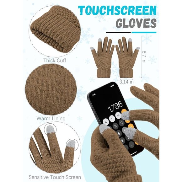 Women Khaki Knit Beanie Hat, Gloves, Scarf & Ear Warmer Set - Winter - Picture 3 of 7